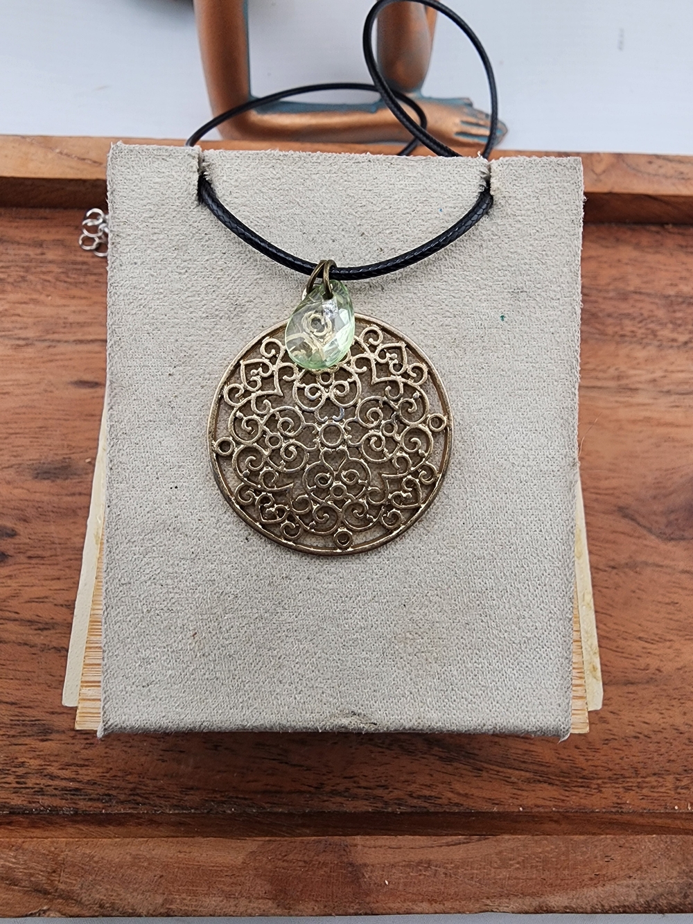 Gold Filigree Round Pendant Necklace with Pale Green Crystal Teardrop